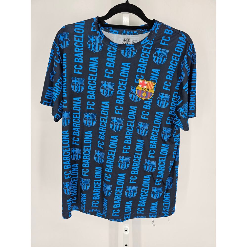 FC Barcelona All Over Print Logo Blue Shirt Adult Size Large Soccer Futbol